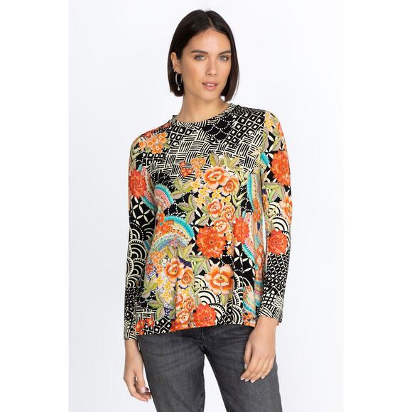 Johnny Was Janie Top Size S Black FLoral Favorite Long Sleeve Crew Swing Tee - Picture 6 of 13